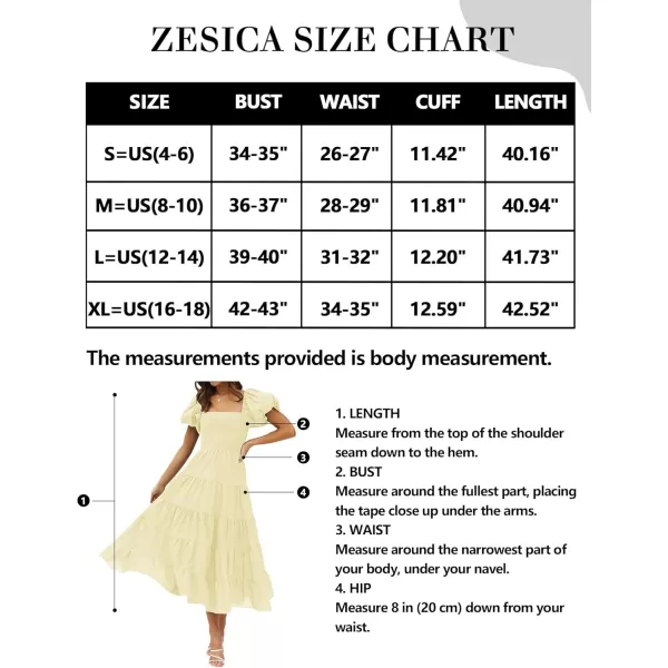 imageZESICA Womens 2024 Summer Square Neck Short Puff Sleeve Solid Color High Waist Casual Smocked Flowy A Line Tiered Midi DressLight Yellow