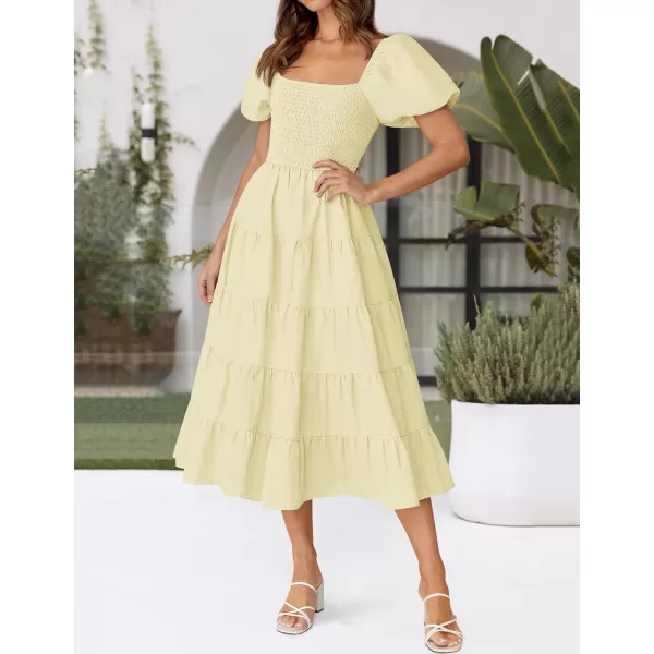 imageZESICA Womens 2024 Summer Square Neck Short Puff Sleeve Solid Color High Waist Casual Smocked Flowy A Line Tiered Midi DressLight Yellow