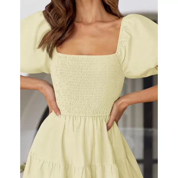 imageZESICA Womens 2024 Summer Square Neck Short Puff Sleeve Solid Color High Waist Casual Smocked Flowy A Line Tiered Midi DressLight Yellow