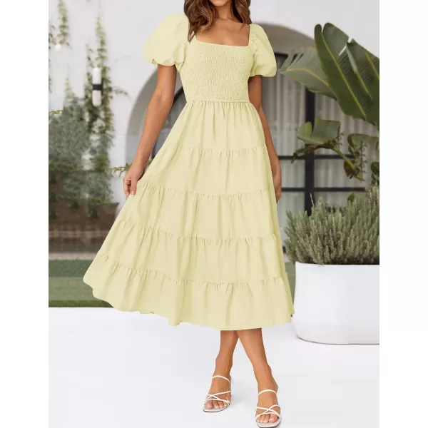 imageZESICA Womens 2024 Summer Square Neck Short Puff Sleeve Solid Color High Waist Casual Smocked Flowy A Line Tiered Midi DressLight Yellow