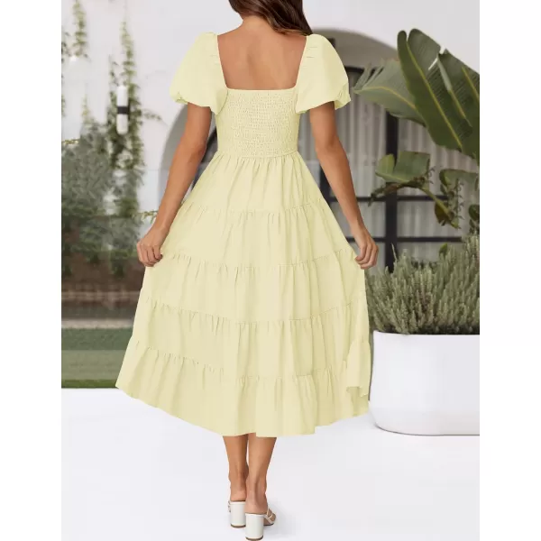 imageZESICA Womens 2024 Summer Square Neck Short Puff Sleeve Solid Color High Waist Casual Smocked Flowy A Line Tiered Midi DressLight Yellow