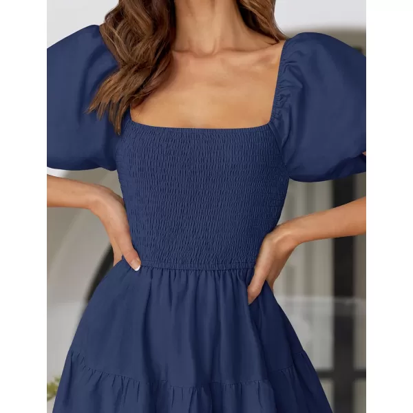 imageZESICA Womens 2024 Summer Square Neck Short Puff Sleeve Solid Color High Waist Casual Smocked Flowy A Line Tiered Midi DressNavy