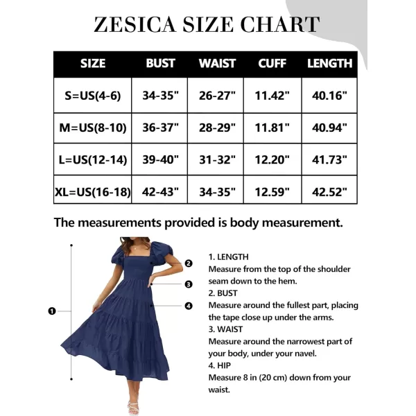 imageZESICA Womens 2024 Summer Square Neck Short Puff Sleeve Solid Color High Waist Casual Smocked Flowy A Line Tiered Midi DressNavy