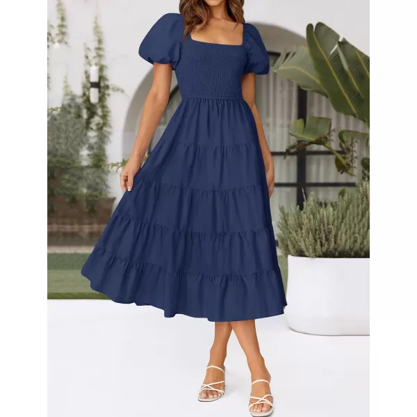 imageZESICA Womens 2024 Summer Square Neck Short Puff Sleeve Solid Color High Waist Casual Smocked Flowy A Line Tiered Midi DressNavy
