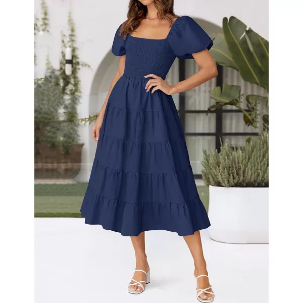 imageZESICA Womens 2024 Summer Square Neck Short Puff Sleeve Solid Color High Waist Casual Smocked Flowy A Line Tiered Midi DressNavy