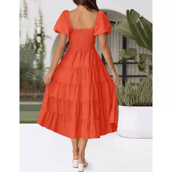 imageZESICA Womens 2024 Summer Square Neck Short Puff Sleeve Solid Color High Waist Casual Smocked Flowy A Line Tiered Midi DressOrange