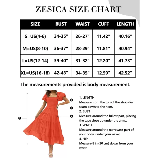 imageZESICA Womens 2024 Summer Square Neck Short Puff Sleeve Solid Color High Waist Casual Smocked Flowy A Line Tiered Midi DressOrange