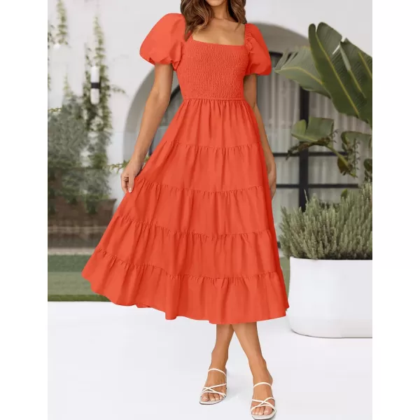imageZESICA Womens 2024 Summer Square Neck Short Puff Sleeve Solid Color High Waist Casual Smocked Flowy A Line Tiered Midi DressOrange