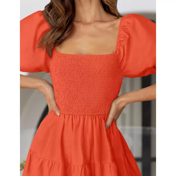 imageZESICA Womens 2024 Summer Square Neck Short Puff Sleeve Solid Color High Waist Casual Smocked Flowy A Line Tiered Midi DressOrange