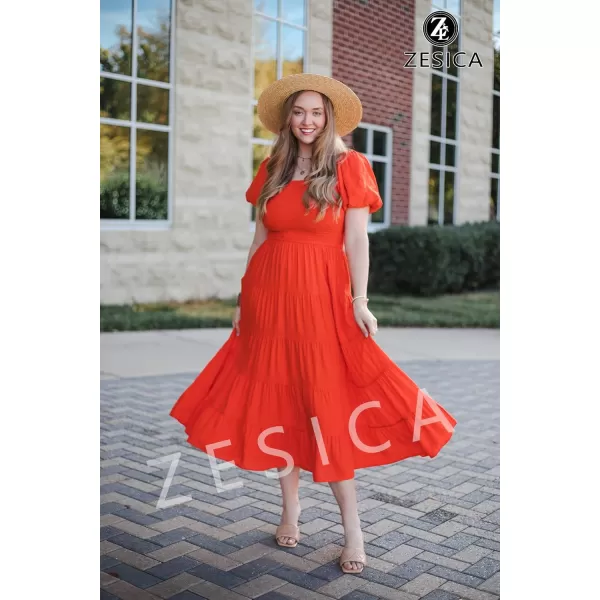 imageZESICA Womens 2024 Summer Square Neck Short Puff Sleeve Solid Color High Waist Casual Smocked Flowy A Line Tiered Midi DressOrange