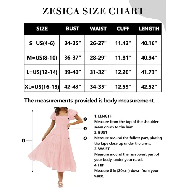 imageZESICA Womens 2024 Summer Square Neck Short Puff Sleeve Solid Color High Waist Casual Smocked Flowy A Line Tiered Midi DressPink