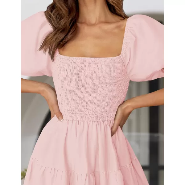 imageZESICA Womens 2024 Summer Square Neck Short Puff Sleeve Solid Color High Waist Casual Smocked Flowy A Line Tiered Midi DressPink