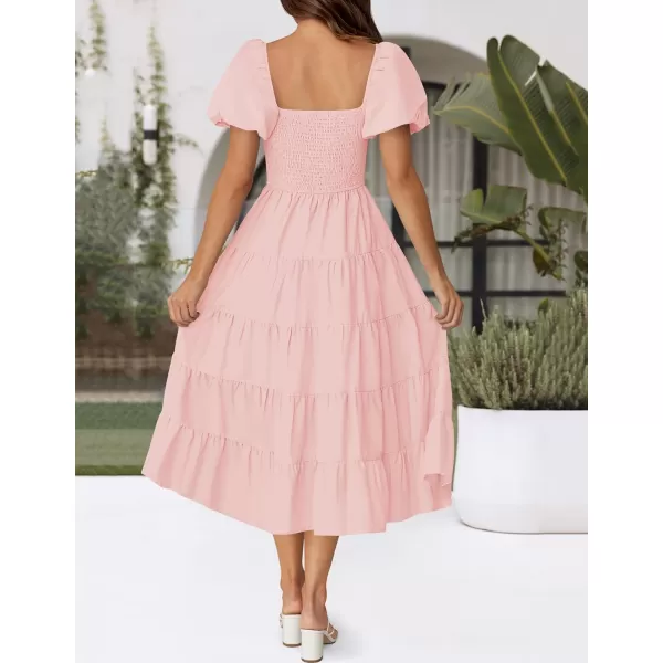imageZESICA Womens 2024 Summer Square Neck Short Puff Sleeve Solid Color High Waist Casual Smocked Flowy A Line Tiered Midi DressPink