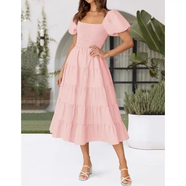 imageZESICA Womens 2024 Summer Square Neck Short Puff Sleeve Solid Color High Waist Casual Smocked Flowy A Line Tiered Midi DressPink