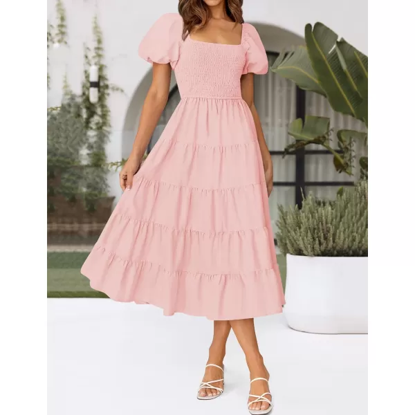 imageZESICA Womens 2024 Summer Square Neck Short Puff Sleeve Solid Color High Waist Casual Smocked Flowy A Line Tiered Midi DressPink