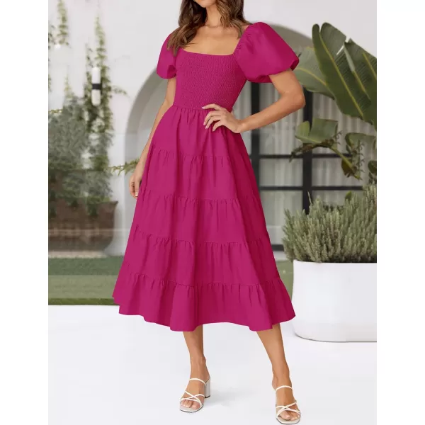 imageZESICA Womens 2024 Summer Square Neck Short Puff Sleeve Solid Color High Waist Casual Smocked Flowy A Line Tiered Midi DressRose