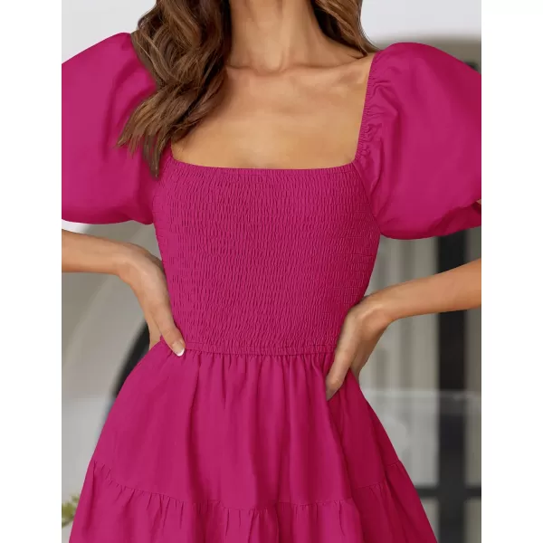 imageZESICA Womens 2024 Summer Square Neck Short Puff Sleeve Solid Color High Waist Casual Smocked Flowy A Line Tiered Midi DressRose