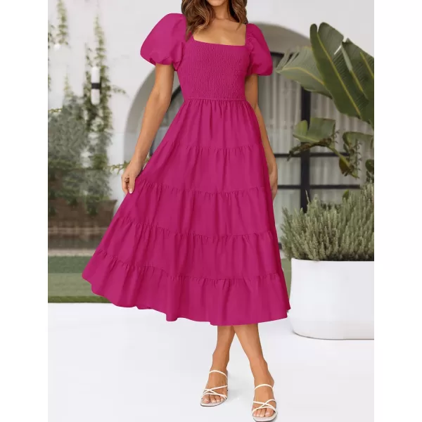 imageZESICA Womens 2024 Summer Square Neck Short Puff Sleeve Solid Color High Waist Casual Smocked Flowy A Line Tiered Midi DressRose