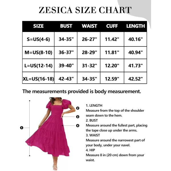 imageZESICA Womens 2024 Summer Square Neck Short Puff Sleeve Solid Color High Waist Casual Smocked Flowy A Line Tiered Midi DressRose