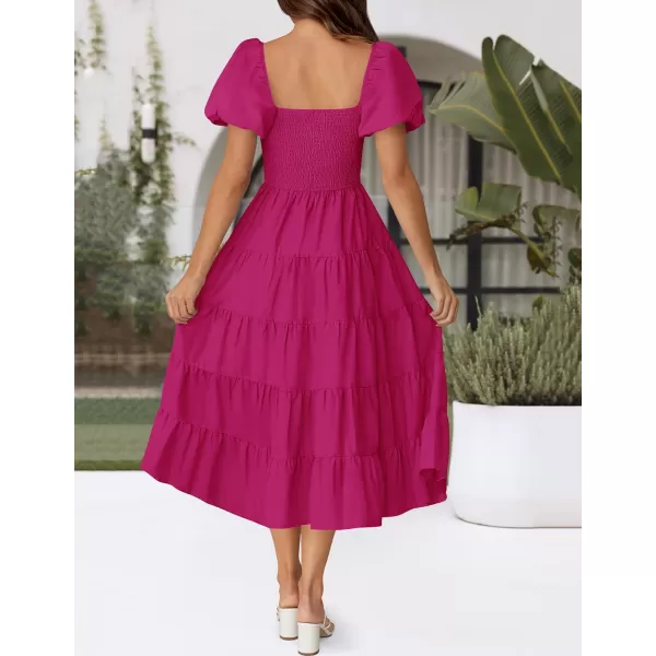 imageZESICA Womens 2024 Summer Square Neck Short Puff Sleeve Solid Color High Waist Casual Smocked Flowy A Line Tiered Midi DressRose