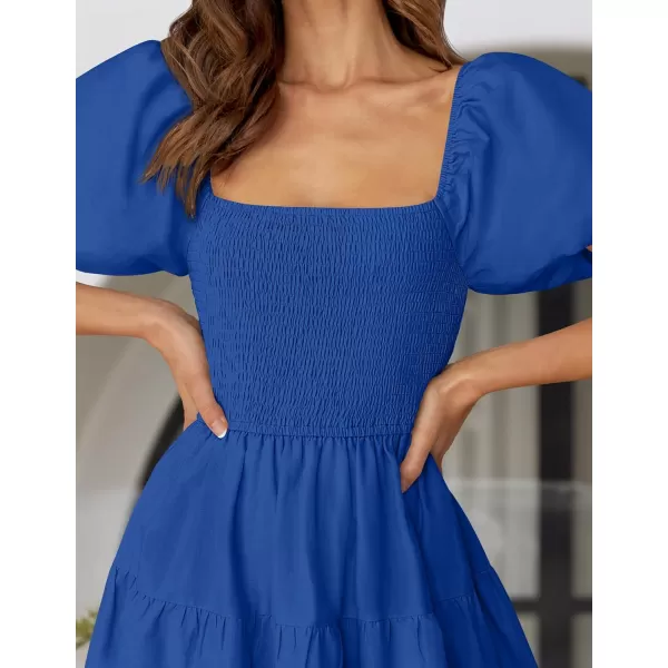 imageZESICA Womens 2024 Summer Square Neck Short Puff Sleeve Solid Color High Waist Casual Smocked Flowy A Line Tiered Midi DressRoyal Blue