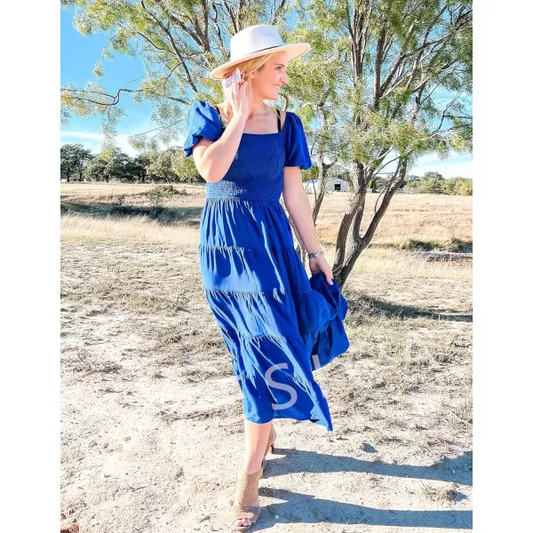 imageZESICA Womens 2024 Summer Square Neck Short Puff Sleeve Solid Color High Waist Casual Smocked Flowy A Line Tiered Midi DressRoyal Blue