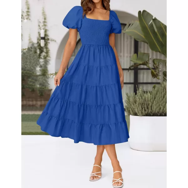 imageZESICA Womens 2024 Summer Square Neck Short Puff Sleeve Solid Color High Waist Casual Smocked Flowy A Line Tiered Midi DressRoyal Blue