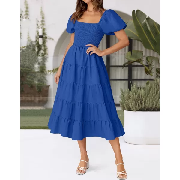 imageZESICA Womens 2024 Summer Square Neck Short Puff Sleeve Solid Color High Waist Casual Smocked Flowy A Line Tiered Midi DressRoyal Blue