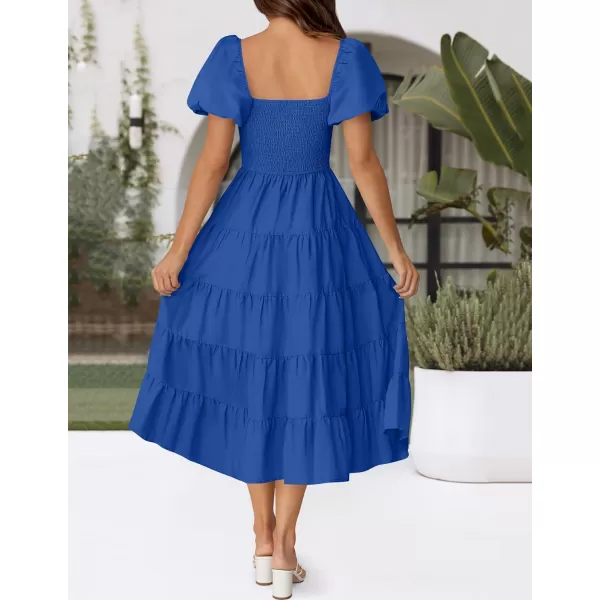 imageZESICA Womens 2024 Summer Square Neck Short Puff Sleeve Solid Color High Waist Casual Smocked Flowy A Line Tiered Midi DressRoyal Blue