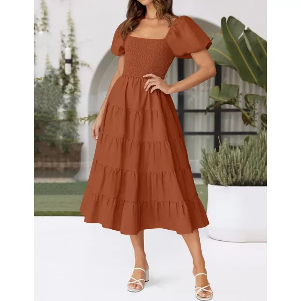 imageZESICA Womens 2024 Summer Square Neck Short Puff Sleeve Solid Color High Waist Casual Smocked Flowy A Line Tiered Midi DressRust