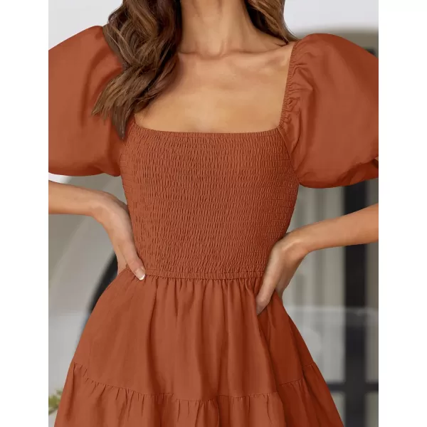 imageZESICA Womens 2024 Summer Square Neck Short Puff Sleeve Solid Color High Waist Casual Smocked Flowy A Line Tiered Midi DressRust