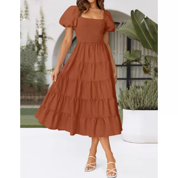 imageZESICA Womens 2024 Summer Square Neck Short Puff Sleeve Solid Color High Waist Casual Smocked Flowy A Line Tiered Midi DressRust