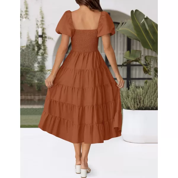 imageZESICA Womens 2024 Summer Square Neck Short Puff Sleeve Solid Color High Waist Casual Smocked Flowy A Line Tiered Midi DressRust