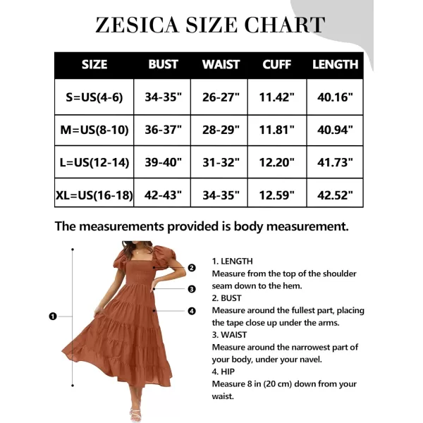 imageZESICA Womens 2024 Summer Square Neck Short Puff Sleeve Solid Color High Waist Casual Smocked Flowy A Line Tiered Midi DressRust