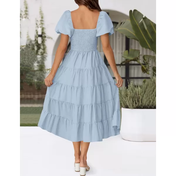 imageZESICA Womens 2024 Summer Square Neck Short Puff Sleeve Solid Color High Waist Casual Smocked Flowy A Line Tiered Midi DressSky Blue