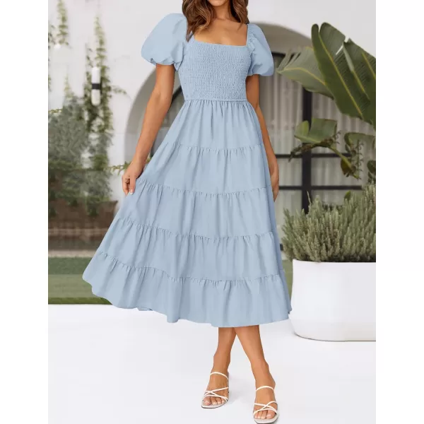 imageZESICA Womens 2024 Summer Square Neck Short Puff Sleeve Solid Color High Waist Casual Smocked Flowy A Line Tiered Midi DressSky Blue