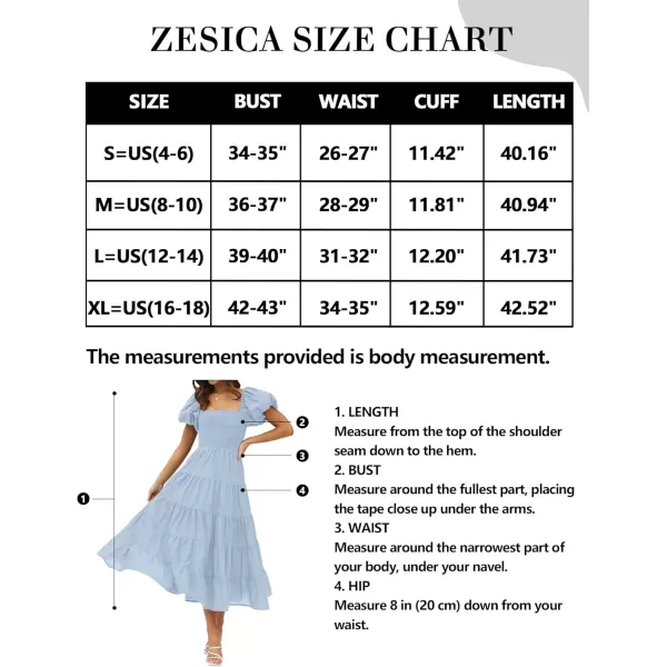 imageZESICA Womens 2024 Summer Square Neck Short Puff Sleeve Solid Color High Waist Casual Smocked Flowy A Line Tiered Midi DressSky Blue