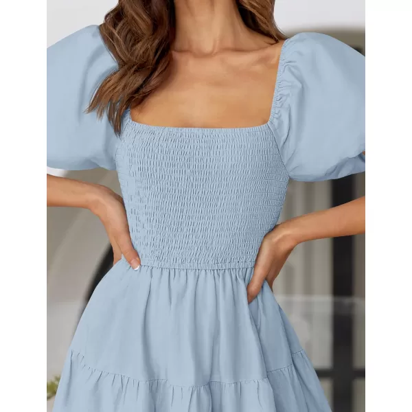 imageZESICA Womens 2024 Summer Square Neck Short Puff Sleeve Solid Color High Waist Casual Smocked Flowy A Line Tiered Midi DressSky Blue