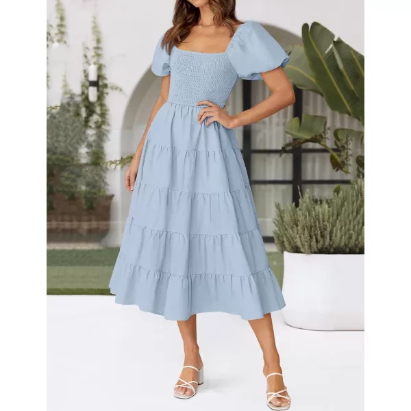 imageZESICA Womens 2024 Summer Square Neck Short Puff Sleeve Solid Color High Waist Casual Smocked Flowy A Line Tiered Midi DressSky Blue
