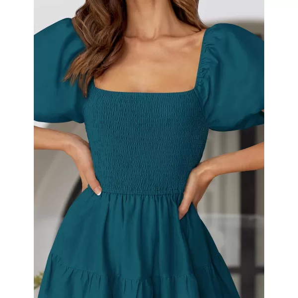 imageZESICA Womens 2024 Summer Square Neck Short Puff Sleeve Solid Color High Waist Casual Smocked Flowy A Line Tiered Midi DressTeal
