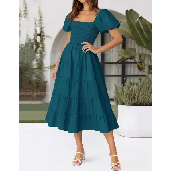 imageZESICA Womens 2024 Summer Square Neck Short Puff Sleeve Solid Color High Waist Casual Smocked Flowy A Line Tiered Midi DressTeal
