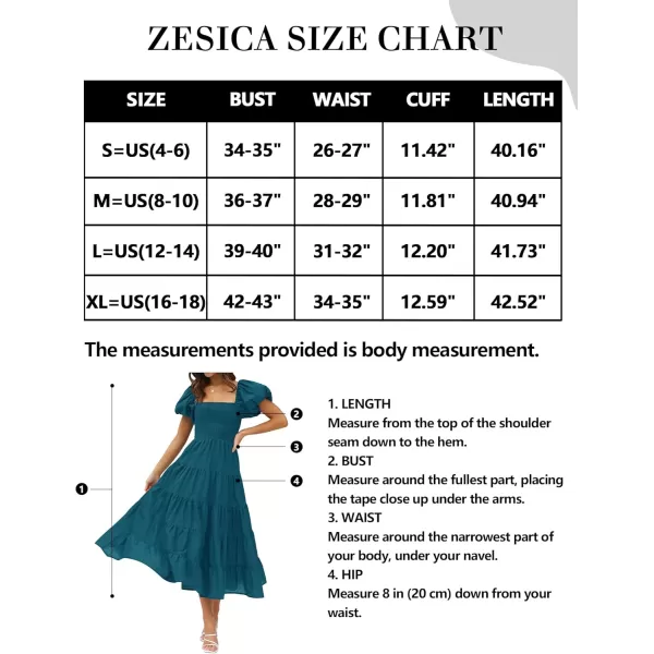 imageZESICA Womens 2024 Summer Square Neck Short Puff Sleeve Solid Color High Waist Casual Smocked Flowy A Line Tiered Midi DressTeal