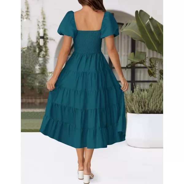imageZESICA Womens 2024 Summer Square Neck Short Puff Sleeve Solid Color High Waist Casual Smocked Flowy A Line Tiered Midi DressTeal