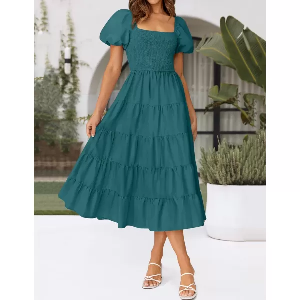 imageZESICA Womens 2024 Summer Square Neck Short Puff Sleeve Solid Color High Waist Casual Smocked Flowy A Line Tiered Midi DressTeal Green