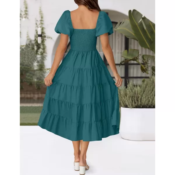 imageZESICA Womens 2024 Summer Square Neck Short Puff Sleeve Solid Color High Waist Casual Smocked Flowy A Line Tiered Midi DressTeal Green