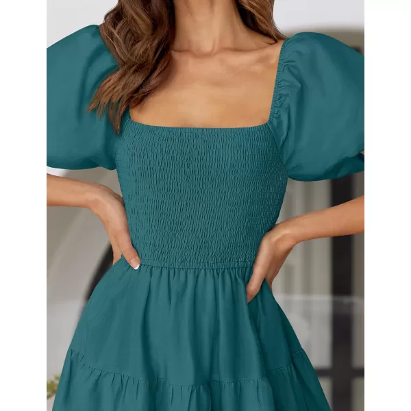 imageZESICA Womens 2024 Summer Square Neck Short Puff Sleeve Solid Color High Waist Casual Smocked Flowy A Line Tiered Midi DressTeal Green