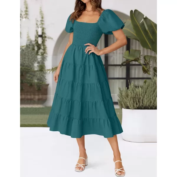 imageZESICA Womens 2024 Summer Square Neck Short Puff Sleeve Solid Color High Waist Casual Smocked Flowy A Line Tiered Midi DressTeal Green