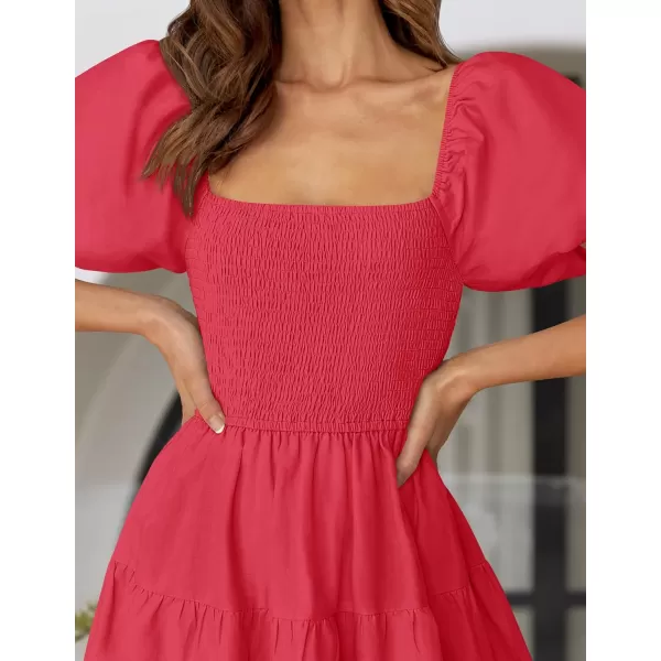 imageZESICA Womens 2024 Summer Square Neck Short Puff Sleeve Solid Color High Waist Casual Smocked Flowy A Line Tiered Midi DressWatermelon