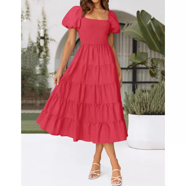 imageZESICA Womens 2024 Summer Square Neck Short Puff Sleeve Solid Color High Waist Casual Smocked Flowy A Line Tiered Midi DressWatermelon