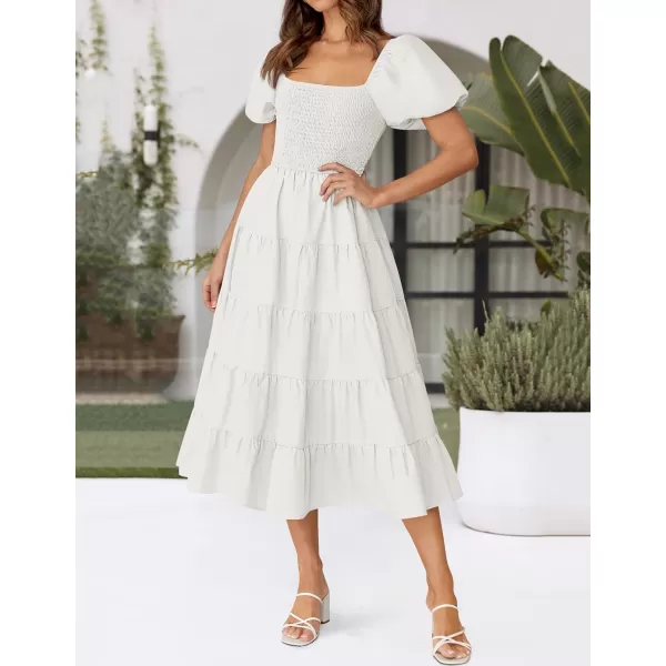 imageZESICA Womens 2024 Summer Square Neck Short Puff Sleeve Solid Color High Waist Casual Smocked Flowy A Line Tiered Midi DressWhite
